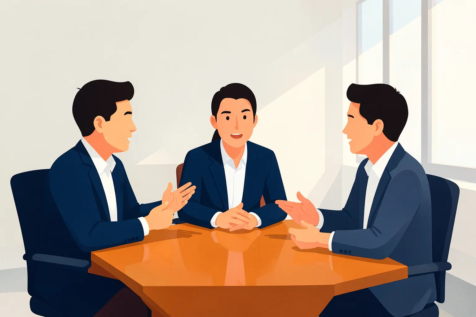 Um grupo de consultores de vendas discutindo estratégias em uma sala de reuniões moderna.