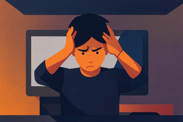 Uma pessoa com as mãos na cabeça, em frente a um computador com a tela em branco, expressando frustração. O ambiente é um escritório bagunçado.