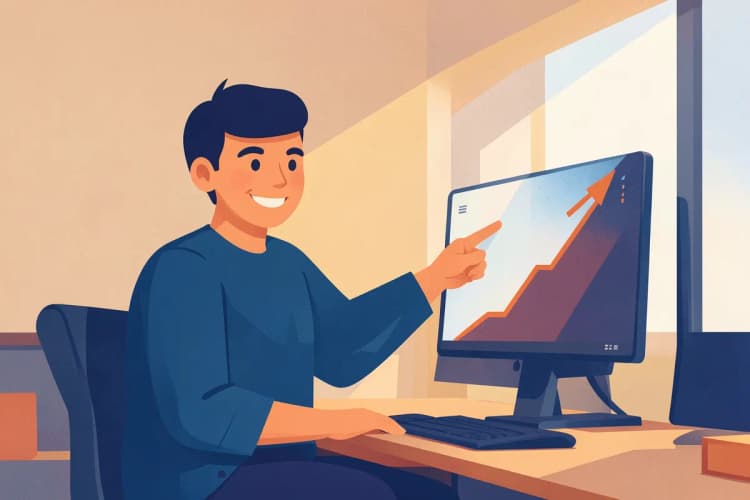 Uma pessoa em um escritório moderno, com um sorriso confiante, aponta para um gráfico ascendente em uma tela de computador.