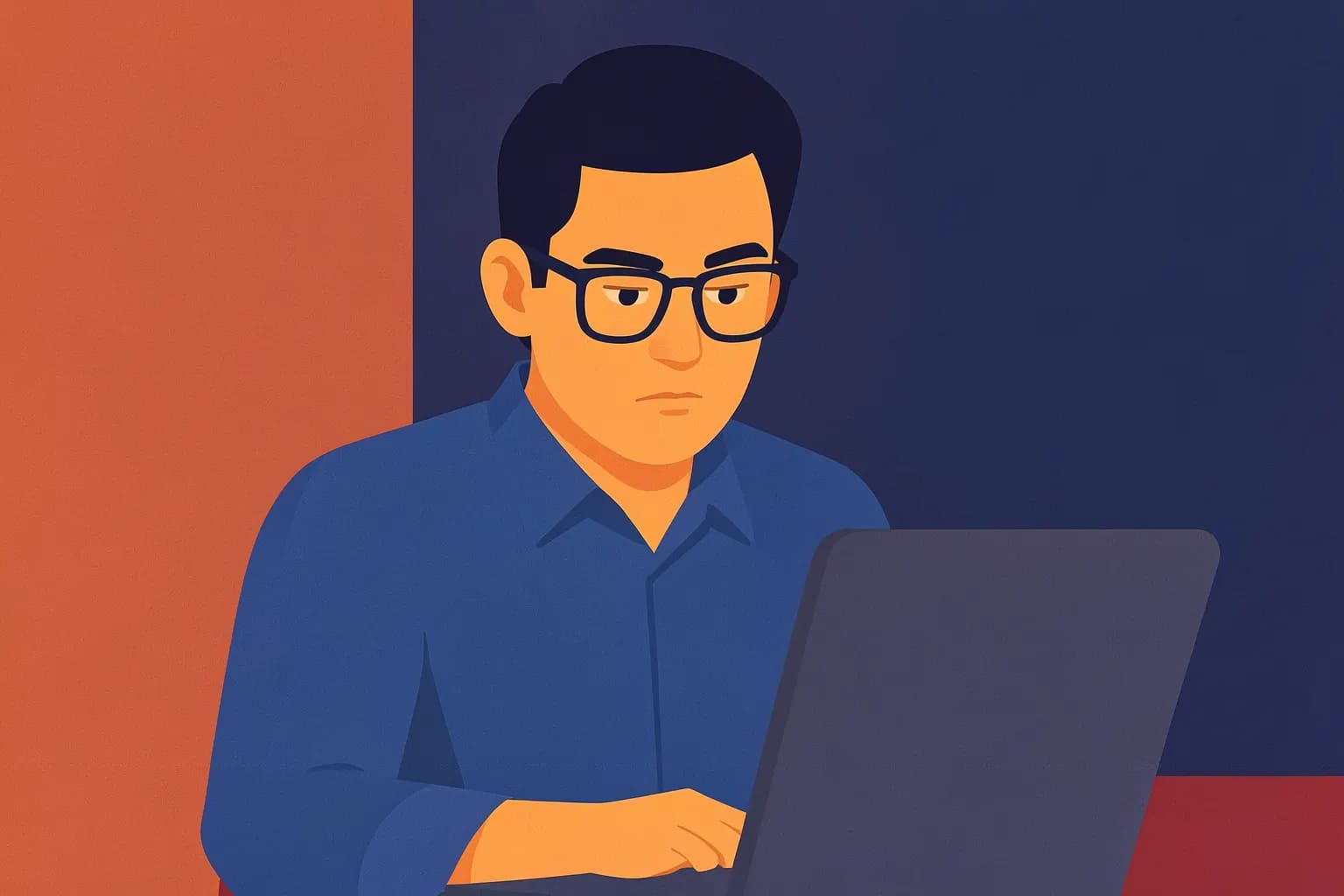 Um homem de óculos, com camisa social azul, olha atentamente para a tela de um notebook, com uma expressão de concentração. Ao fundo, uma sala de escritório moderna e organizada.