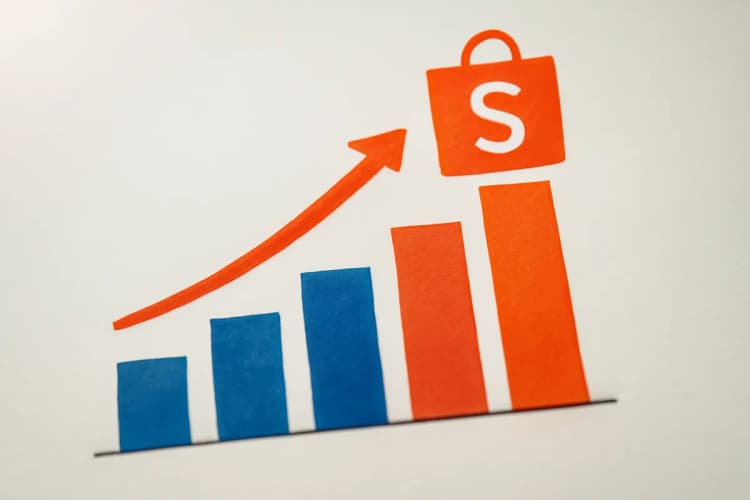 Ilustração de um gráfico de barras subindo com o logo da Shopee no topo, representando o crescimento de vendas com tráfego pago