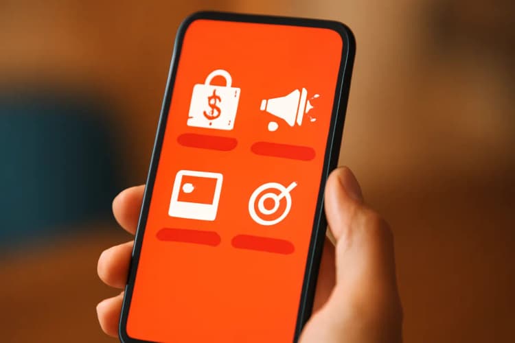 Tela de celular mostrando diferentes tipos de anúncios da Shopee, como "Anúncio de Descoberta" e "Anúncio de Vendas"