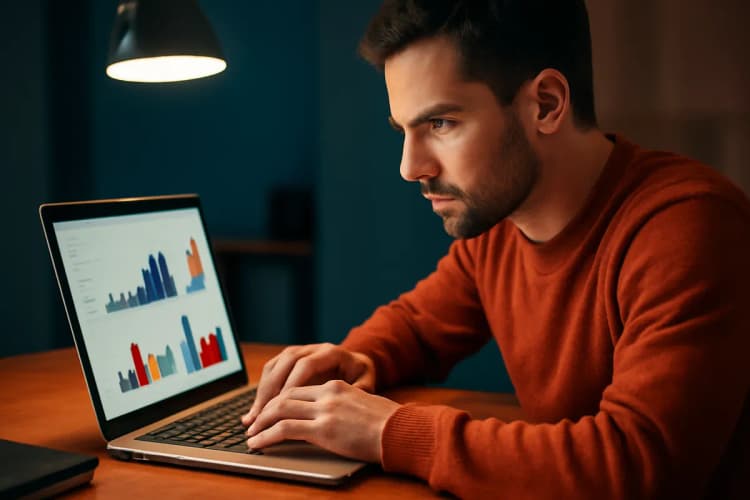 Homem configurando campanha de tráfego pago na Shopee em um computador, com gráficos e números na tela