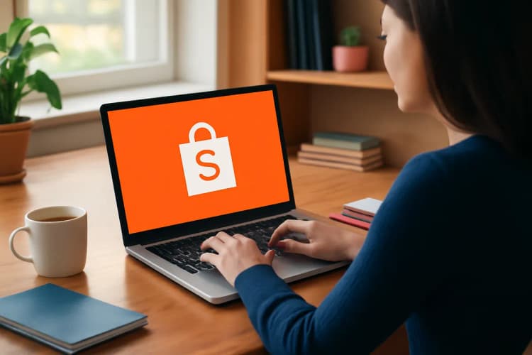 Pessoa usando um notebook para gerenciar seu próprio negócio online, com a plataforma Shopee aberta em uma aba