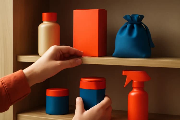 Mãos de uma pessoa organizando produtos da Shopee em uma prateleira, com foco em produtos de alta demanda