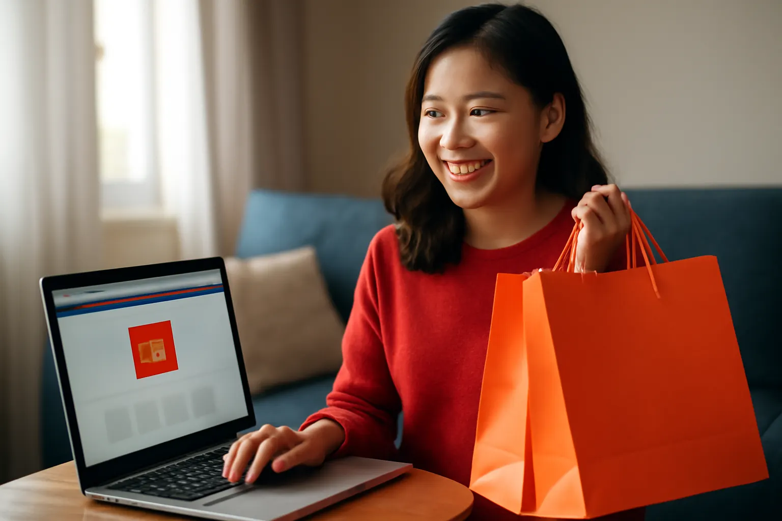 Mulher sorrindo com sacolas de compras da Shopee em frente a um notebook exibindo a plataforma, keyword como fazer tráfego pago na shopee