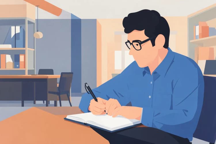 Um homem de óculos e camisa social azul, em plano médio, iluminado por luz de escritório vinda da frente, escreve em um caderno fechado com a mão esquerda enquanto segura uma caneta com a direita.