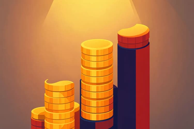 Um gráfico de barras ascendente feito de moedas de ouro empilhadas, em close-up, com luz dourada vinda de cima, representando crescimento financeiro.