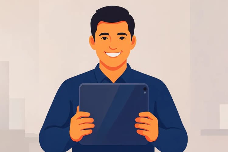 Um homem sorrindo, em plano americano, iluminado por luz de escritório vinda da frente, segurando um tablet desligado com as duas mãos, representando sucesso e satisfação.