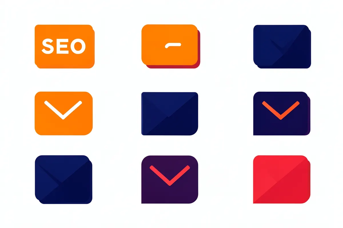 Ícones representando diferentes tipos de marketing: SEO, redes sociais, email marketing.