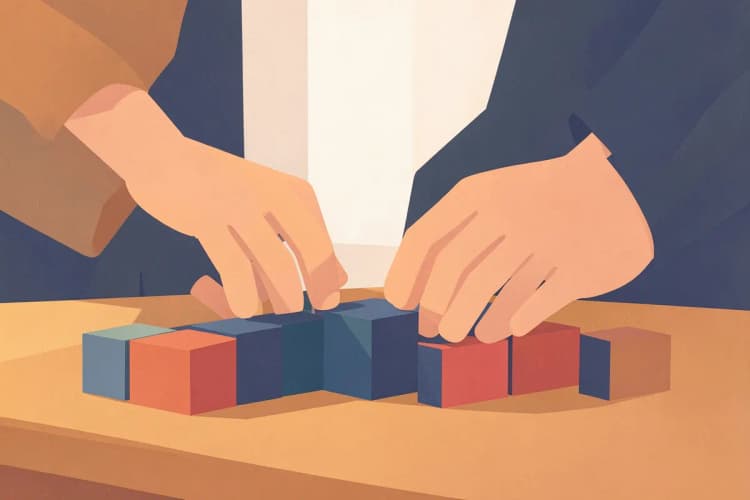 Pessoa organizando blocos de construção coloridos em uma mesa.