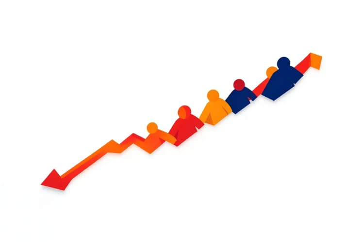 Gráfico de linha ascendente com ícones de pessoas em diferentes estágios.