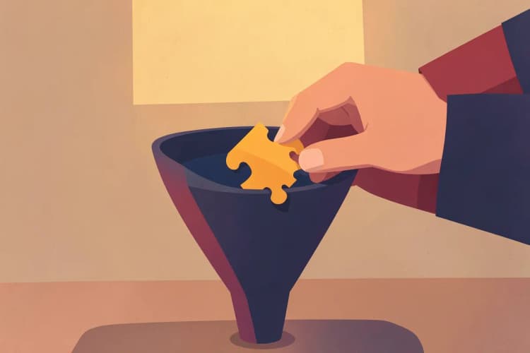 Uma pessoa colocando uma peça de quebra-cabeça em um funil de vendas incompleto.