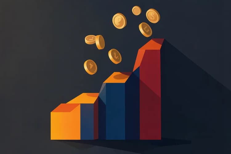 Um gráfico de barras ascendente com moedas caindo sobre ele, simbolizando o retorno do tráfego pago.