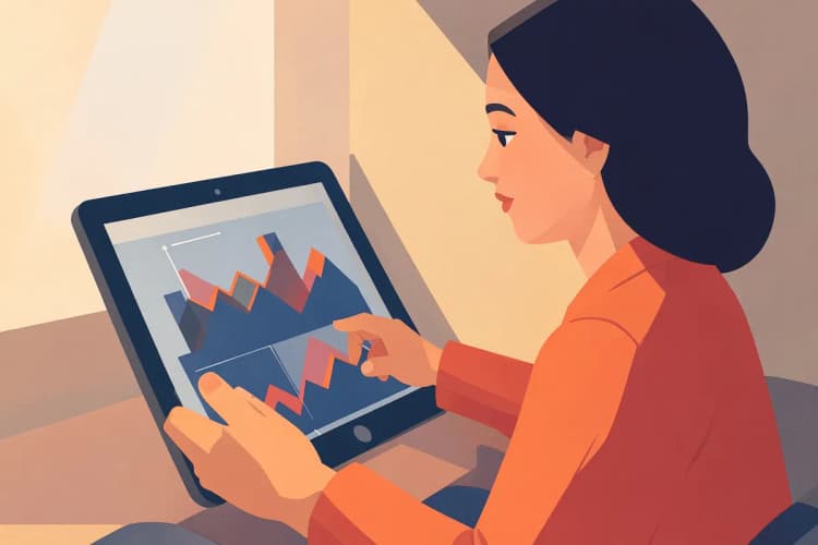 Mulher analisando gráficos de desempenho de vendas em um tablet.
