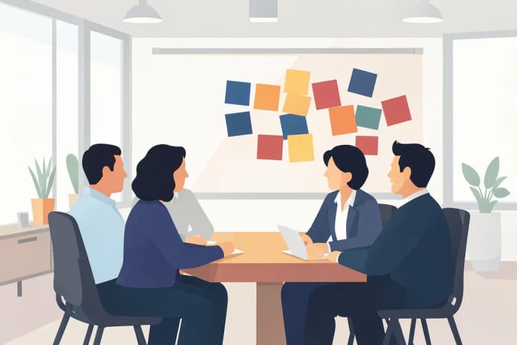 Equipe em reunião discutindo estratégias de vendas com post-its em um painel.