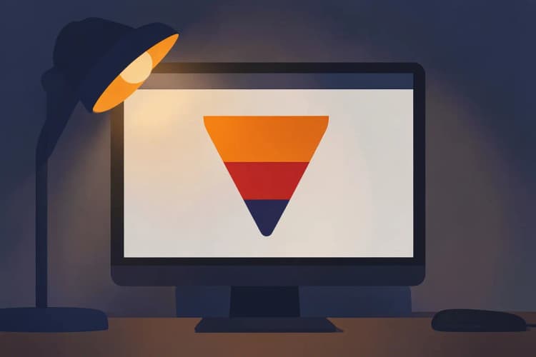 Computador com software de CRM aberto e gráficos de funil de vendas.