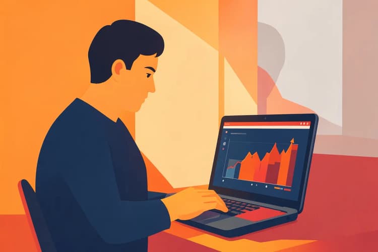 Homem trabalhando em um laptop com gráficos de anúncios online.