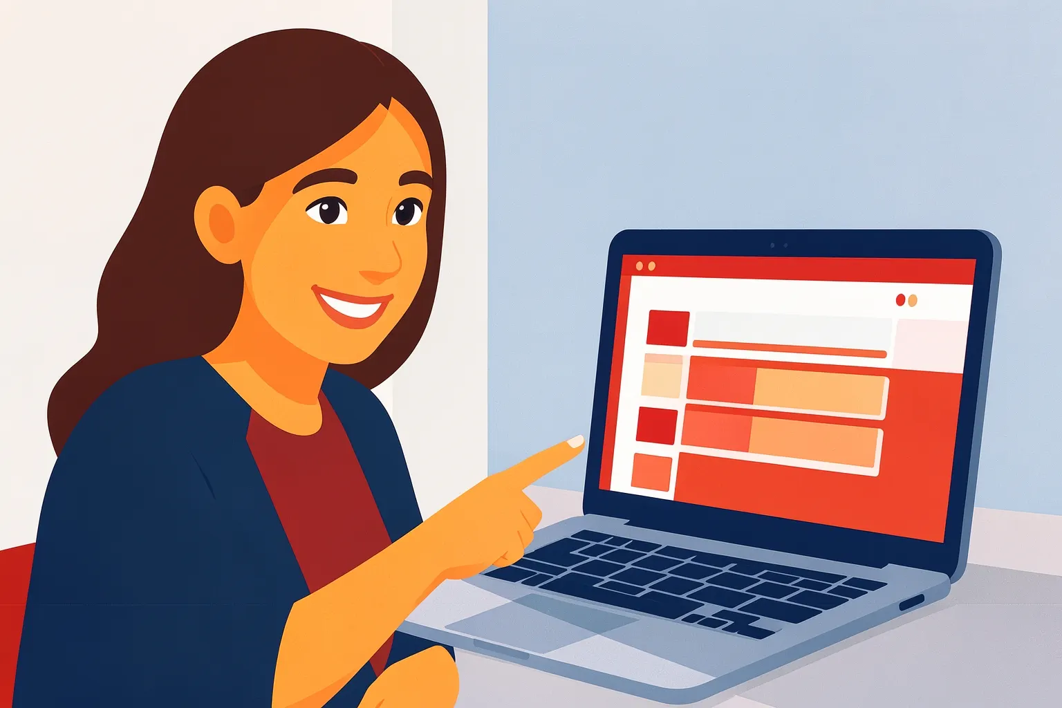 Mulher sorrindo e apontando para a tela de um notebook com um quiz de perguntas.