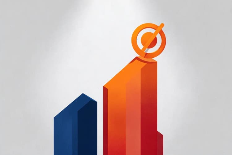 Gráfico de barras ascendente com um ícone de alvo no topo, simbolizando o alcance de objetivos.