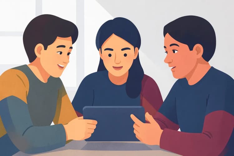 Três pessoas diversas interagindo animadamente em volta de um tablet, discutindo algo.