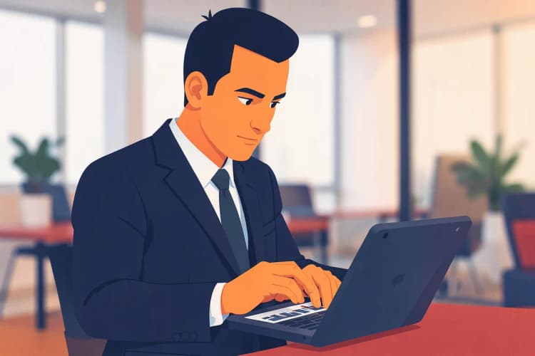 Homem de terno analisando gráficos em um tablet, com um fundo desfocado de um escritório moderno.