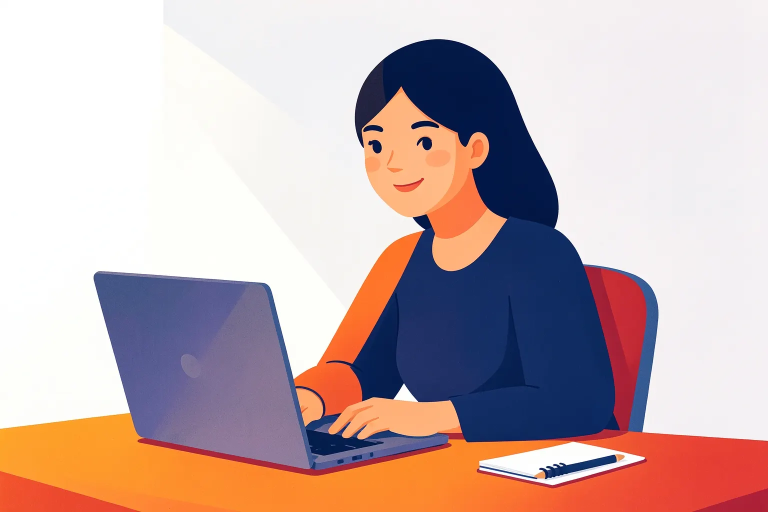 Mulher sorrindo, sentada em frente a um notebook aberto, com um pequeno caderno e uma caneta ao lado, em um ambiente de escritório claro.