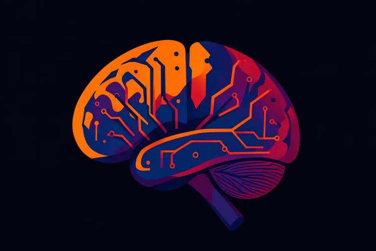 Um cérebro humano estilizado com circuitos digitais brilhantes em seu interior, representando a inteligência artificial.