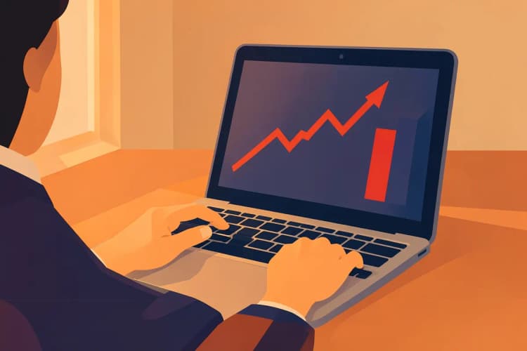 Uma pessoa usando um laptop com gráficos de desempenho subindo, simbolizando o aumento da visibilidade de uma empresa através da IA.