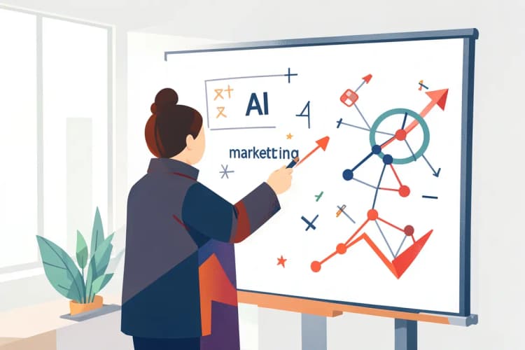 Uma pessoa planejando em um quadro branco com anotações sobre IA e marketing, com elementos visuais de crescimento e conexão.