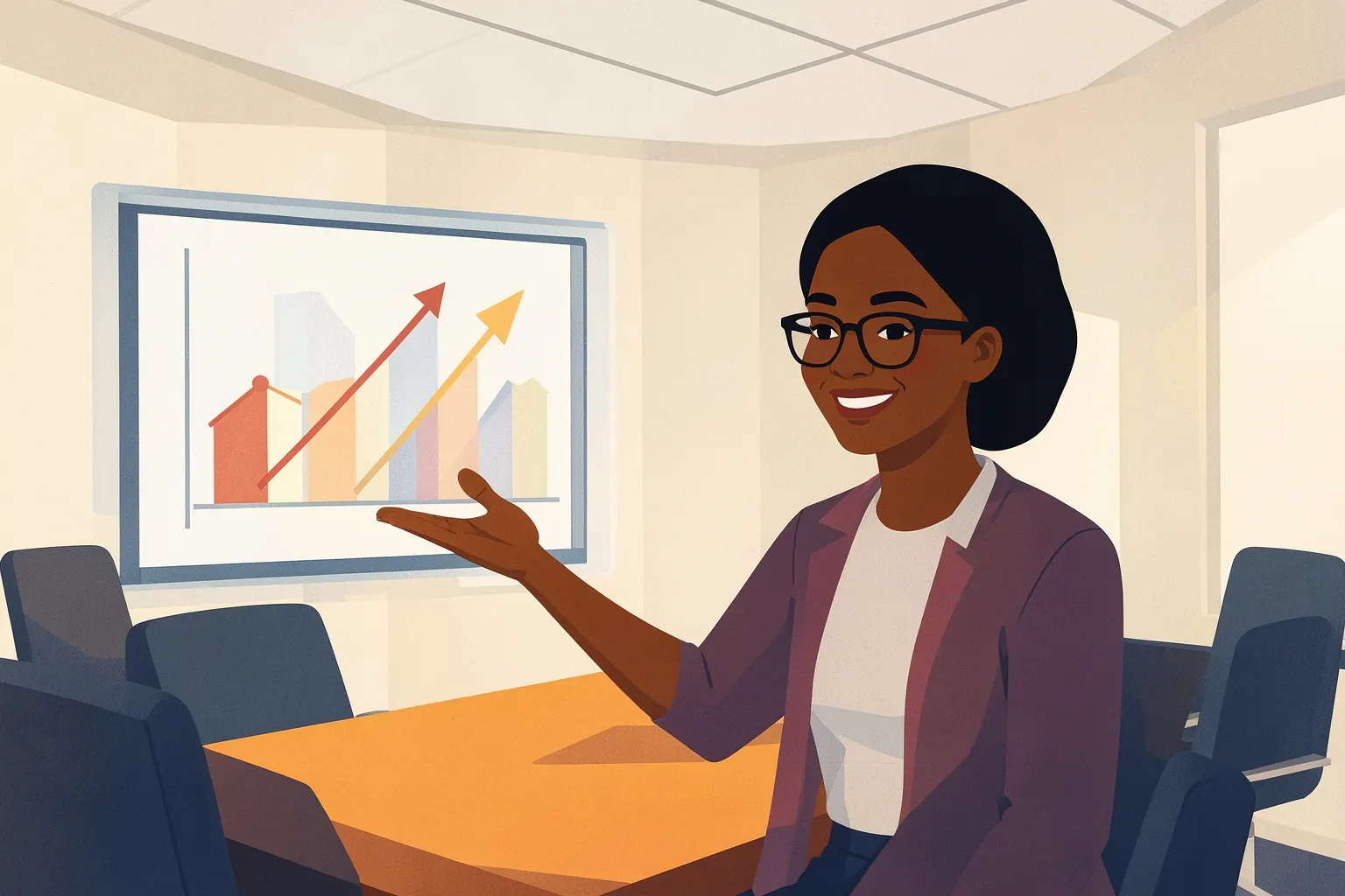 Uma mulher negra de óculos, com um sorriso confiante, está em uma sala de reuniões moderna, gesticulando em direção a um gráfico abstrato de crescimento em uma tela transparente.