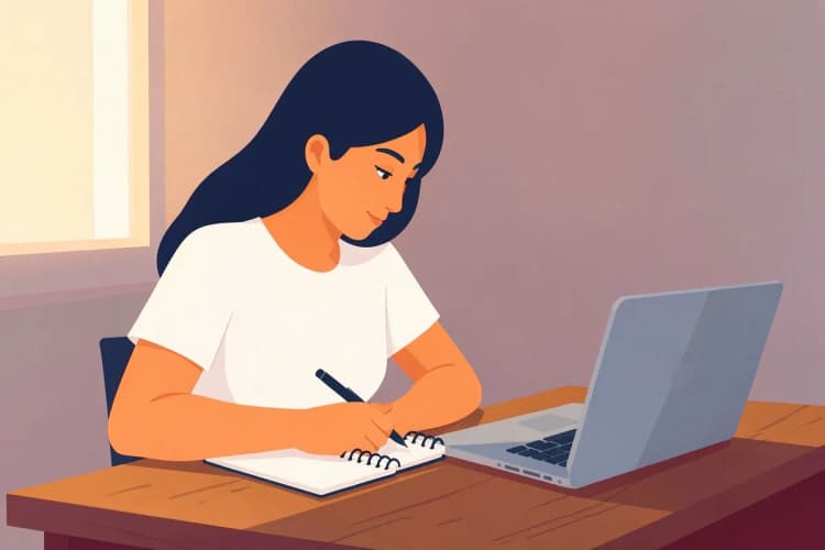 Mulher escrevendo em um caderno com um laptop aberto ao lado, em uma mesa de madeira.