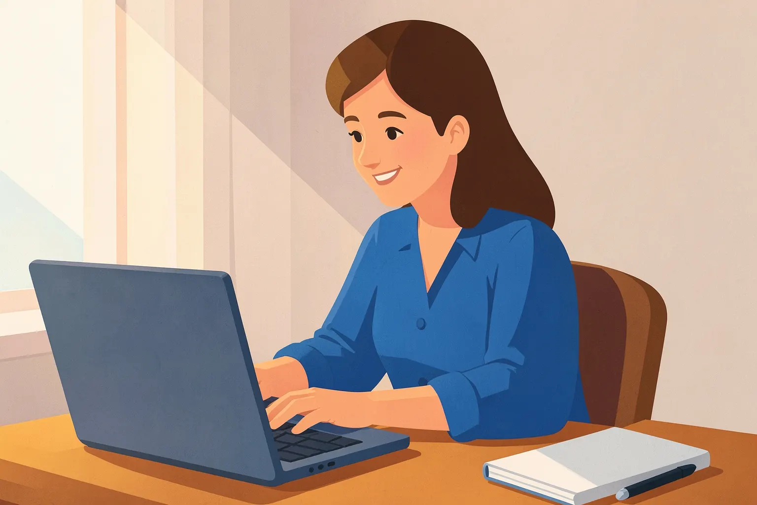 Mulher sorrindo, sentada em frente a um laptop aberto, com um pequeno caderno e uma caneta ao lado, em um ambiente de escritório claro.