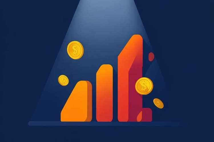 Gráfico de barras ascendente com moedas de ouro caindo ao redor, sobre um fundo azul escuro.