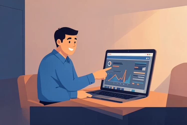 Um homem de camisa social azul, sorrindo, aponta para a tela de um notebook com gráficos e números simulando um painel de dados.