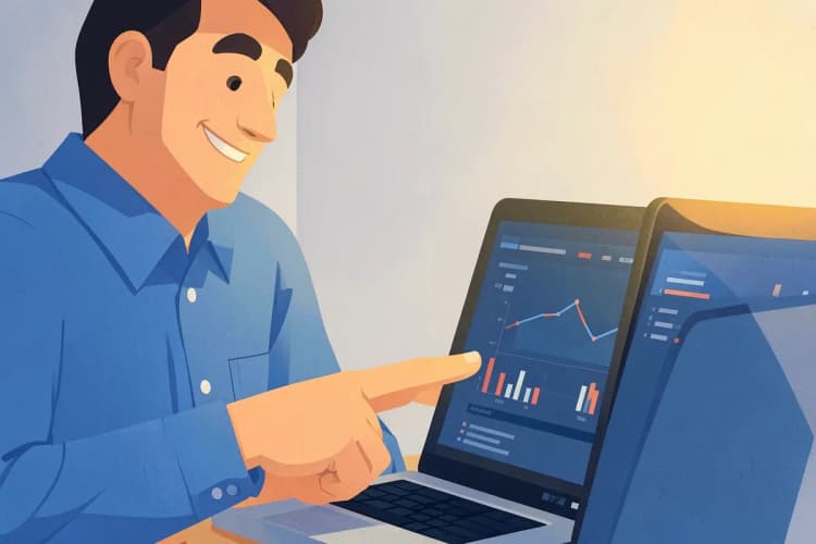 Um homem de camisa social azul, sorrindo, aponta para a tela de um notebook com gráficos e números simulando um painel de dados.
