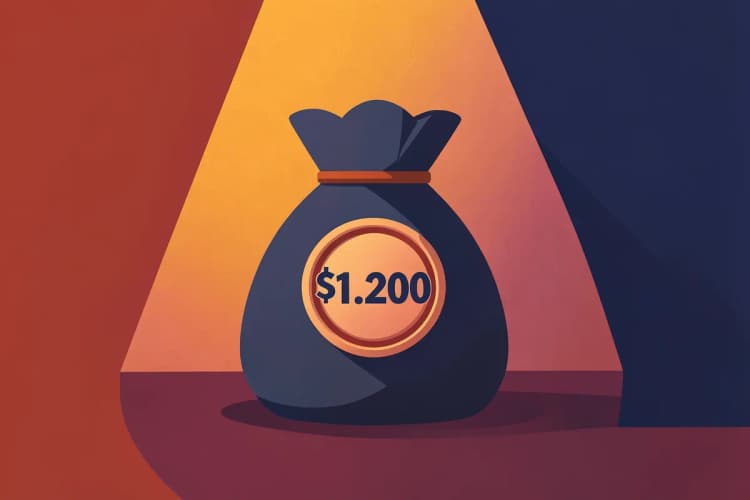 Um saco de dinheiro com um selo de "R$1.200" em destaque.
