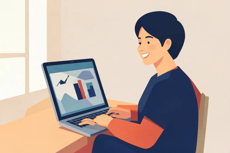 Pessoa sorrindo enquanto usa um laptop com gráficos na tela.