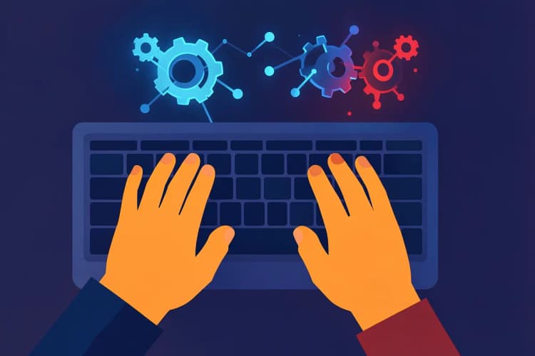 Mãos digitando em um teclado de computador com ícones de engrenagens e conexões.