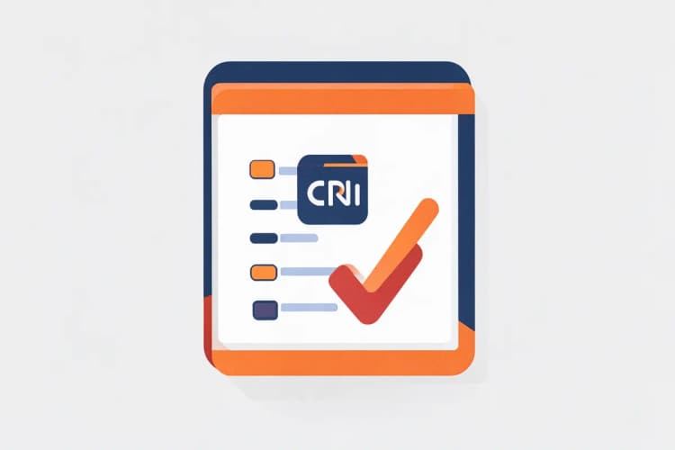 Lista de verificação com um ícone de CRM e um polegar para cima.