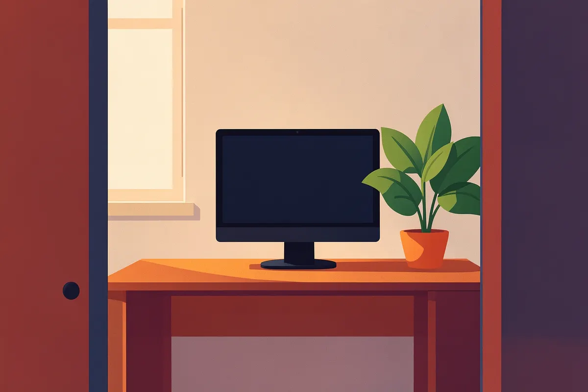 Um pequeno escritório com um computador e plantas.