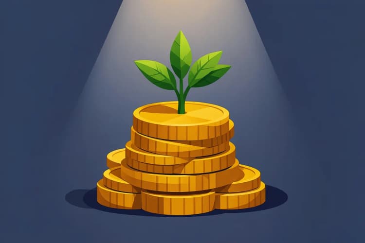 Moedas empilhadas com uma planta crescendo em cima.