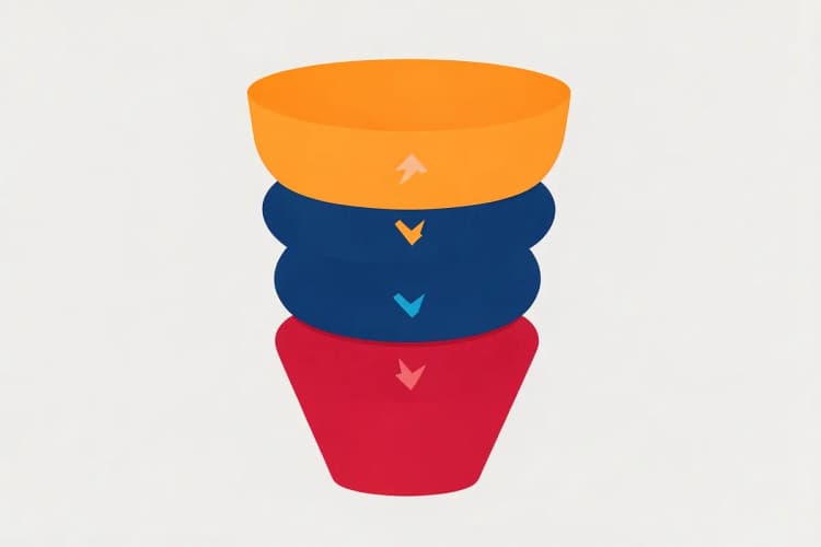 Gráfico de funil de marketing com setas apontando para baixo.