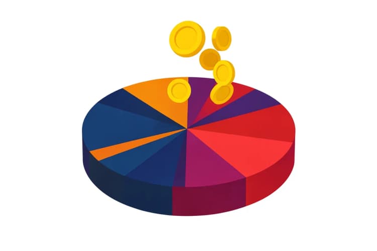 Um gráfico de pizza com fatias de cores vibrantes representando diferentes orçamentos de marketing, com moedas de ouro caindo sobre ele, em um fundo branco limpo.