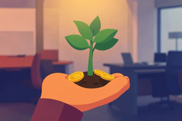 Uma planta crescendo em uma mão aberta, com moedas de ouro ao redor da base, em um fundo desfocado de um escritório.