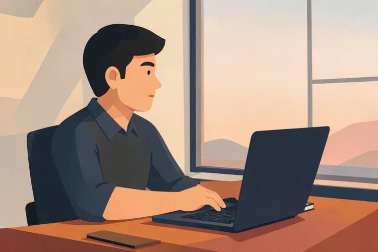 Uma pessoa pensativa sentada em uma mesa com um laptop aberto e um caderno fechado, olhando para o horizonte pela janela de um escritório.