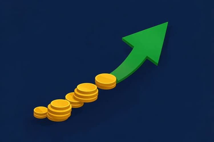 Um gráfico de linha ascendente feito de moedas de ouro empilhadas, com uma seta verde apontando para cima, em um fundo azul escuro.
