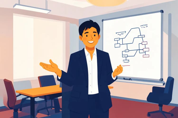 Um profissional de marketing com um sorriso confiante, gesticulando em direção a um quadro branco com um fluxograma complexo e anotações, em uma sala de reuniões moderna.