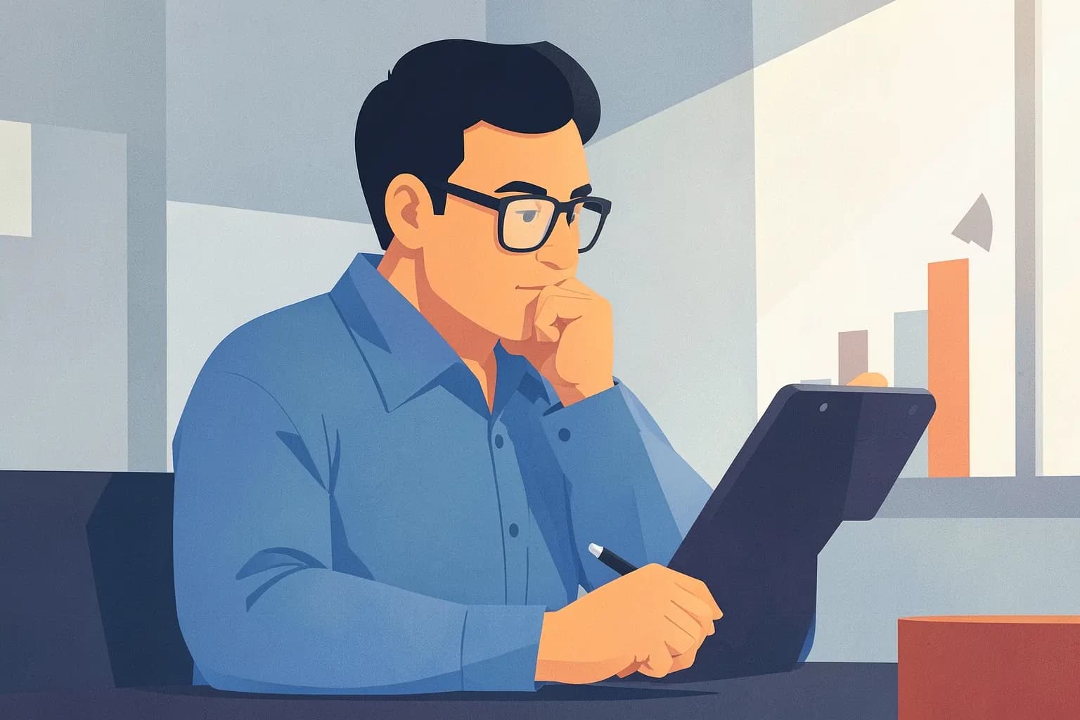 Um homem de óculos e camisa social azul olhando atentamente para um gráfico de barras ascendente em um tablet, com uma mão no queixo e a outra segurando uma caneta, em um escritório moderno com luz natural vindo da janela ao fundo.