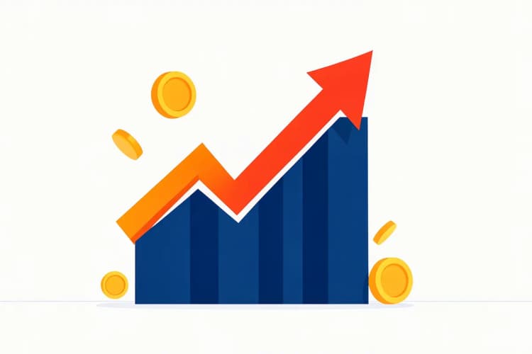 Gráfico de vendas subindo com setas e moedas, em plano médio, com luz de escritório.